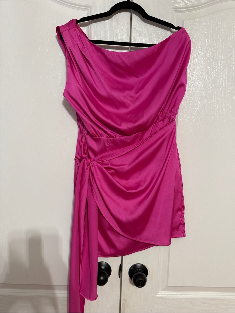 One-Shoulder Fuchsia Satin Dress with Side Drape